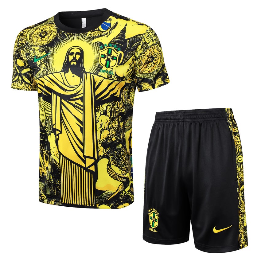 Ensemble Maillot Short Bresil 2024 2025 Jaune Motif